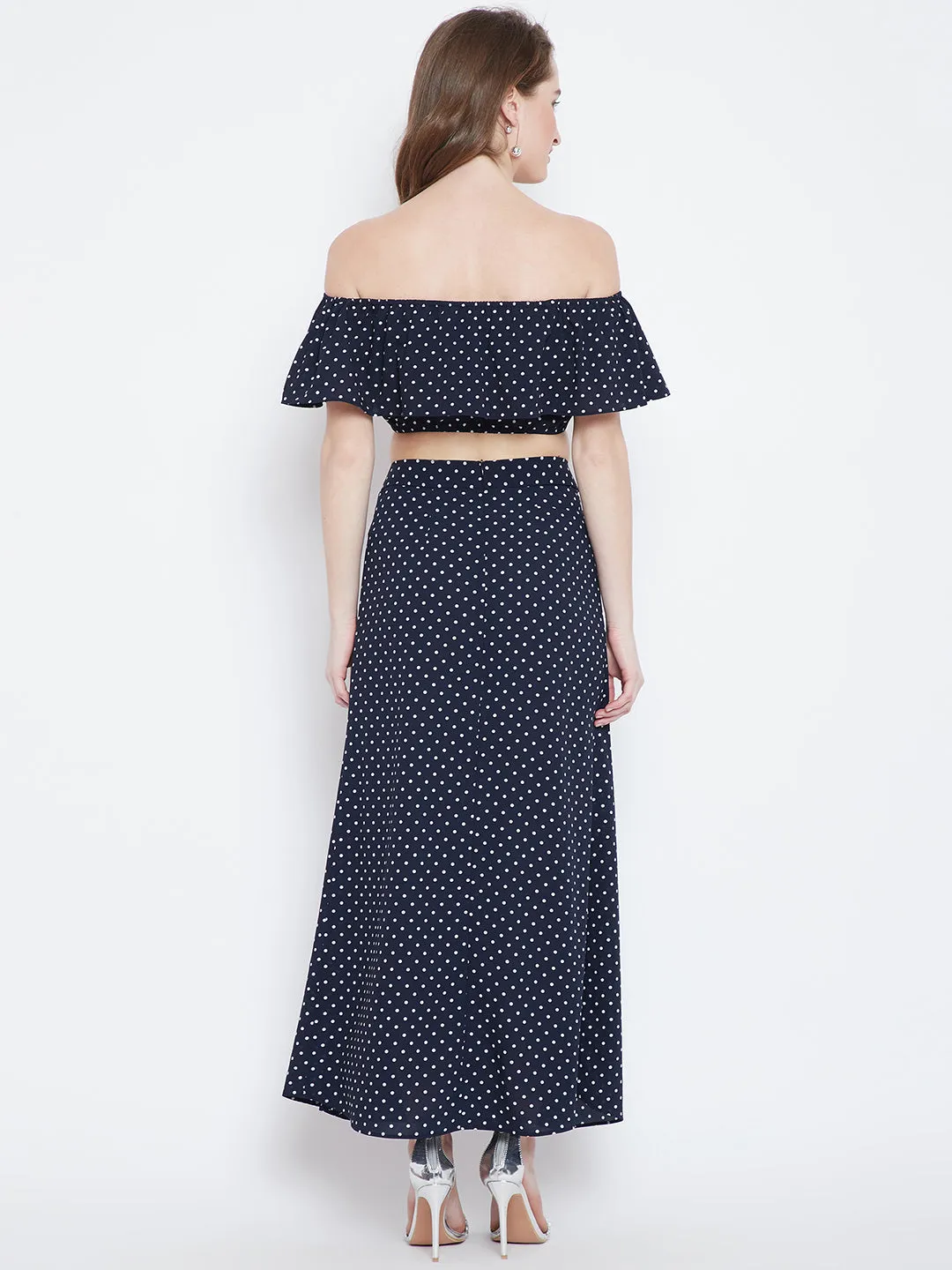 Berrylush Women Navy Blue & White Polka Dot Printed Off-Shoulder Neck Ruffled Co-Ordinate Maxi Dress