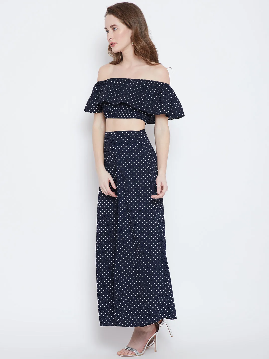 Berrylush Women Navy Blue & White Polka Dot Printed Off-Shoulder Neck Ruffled Co-Ordinate Maxi Dress