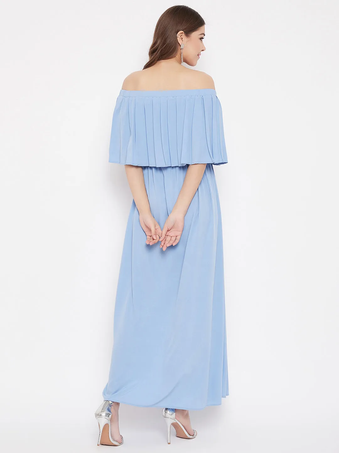 Berrylush Women Solid Blue Off-Shoulder Neck Three-Quarter Sleeve Pleated Maxi Dress