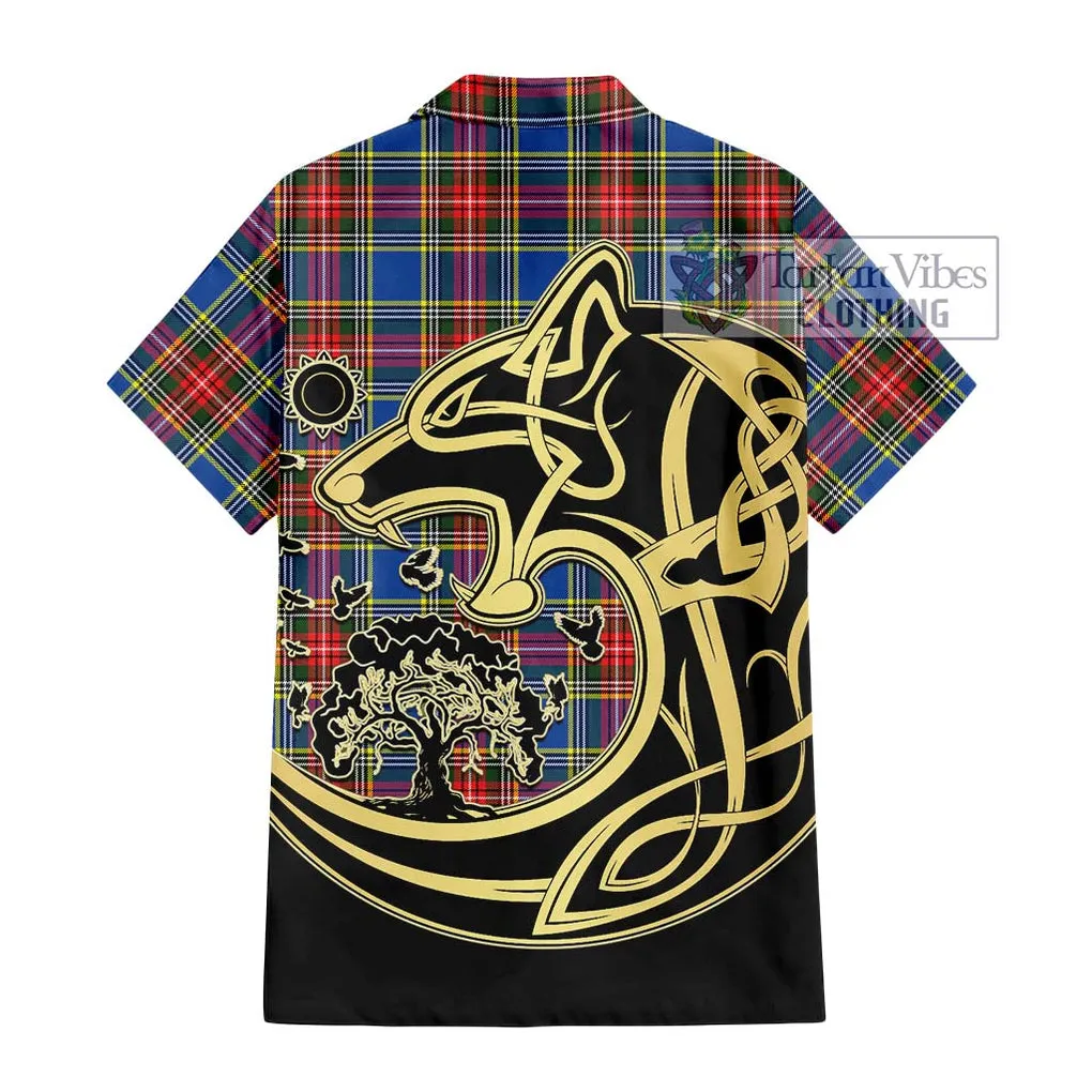 Bethune Tartan Short Sleeve Button Shirt with Family Crest Celtic Wolf Style