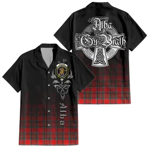 Binning Tartan Short Sleeve Button Up Shirt Featuring Alba Gu Brath Family Crest Celtic Inspired