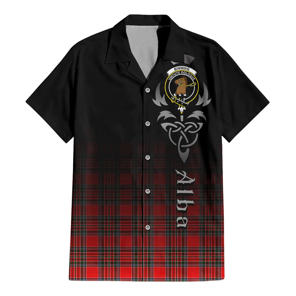 Binning Tartan Short Sleeve Button Up Shirt Featuring Alba Gu Brath Family Crest Celtic Inspired