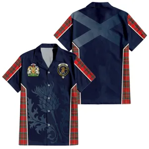 Binning Tartan Short Sleeve Button Up Shirt with Family Crest and Scottish Thistle Vibes Sport Style