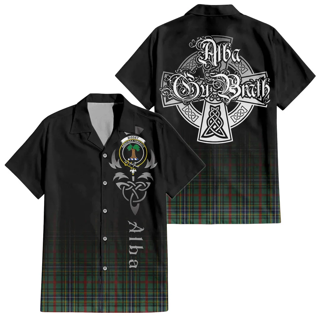 Bisset Tartan Short Sleeve Button Up Shirt Featuring Alba Gu Brath Family Crest Celtic Inspired