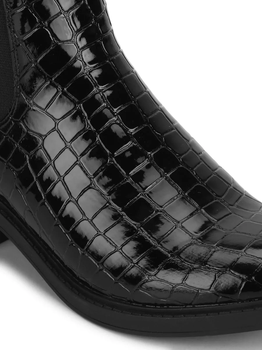 Black Croc Patent Low Heel Ankle Boot