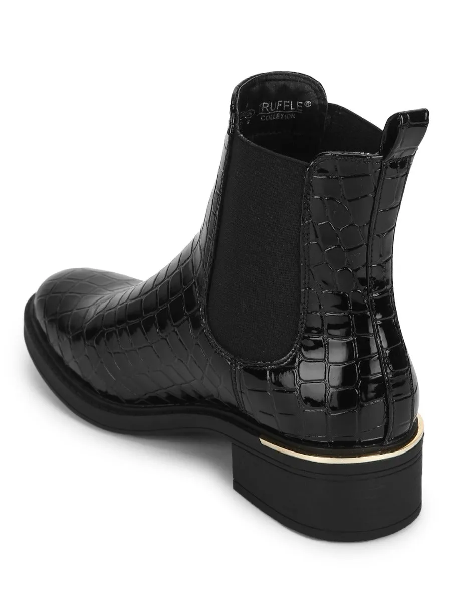 Black Croc Patent Low Heel Ankle Boot