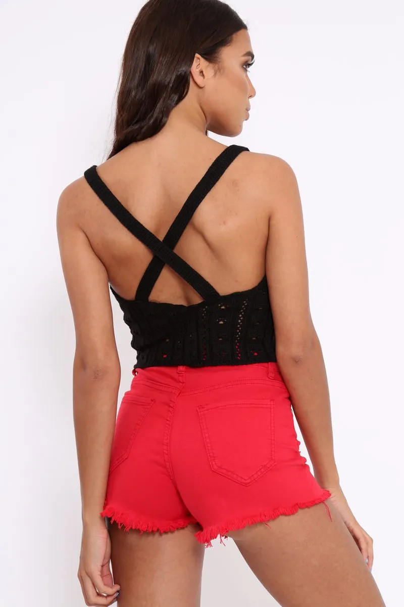 Black Knitted Cross Back Crop Top - Charis