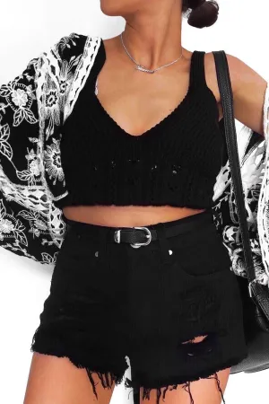 Black Knitted Cross Back Crop Top - Charis