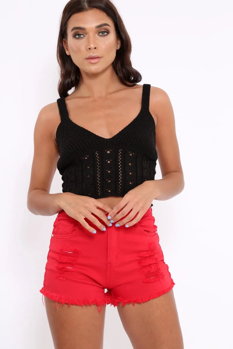 Black Knitted Cross Back Crop Top - Charis