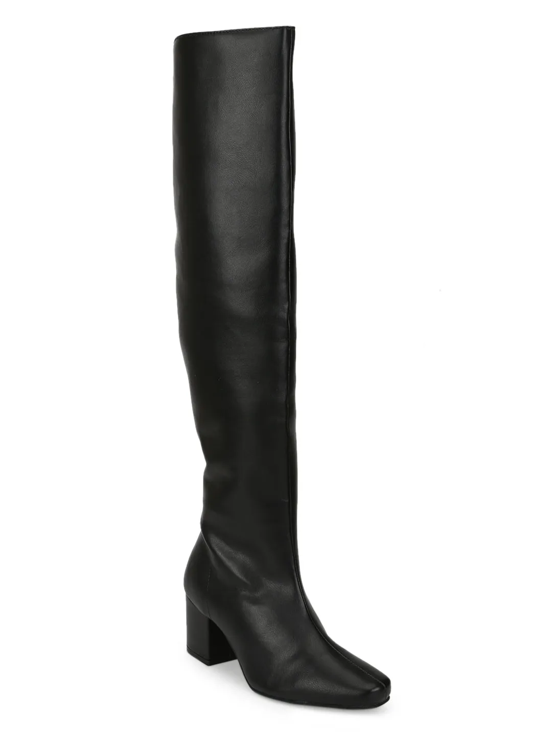 Black PU Block Heel Knee High Boots