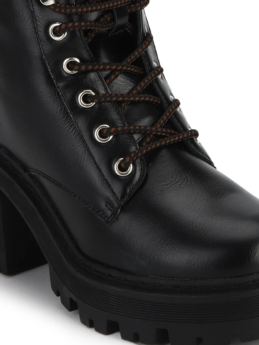 Black PU Cleated Bottom Lace-Up Block Heel Ankle Boots