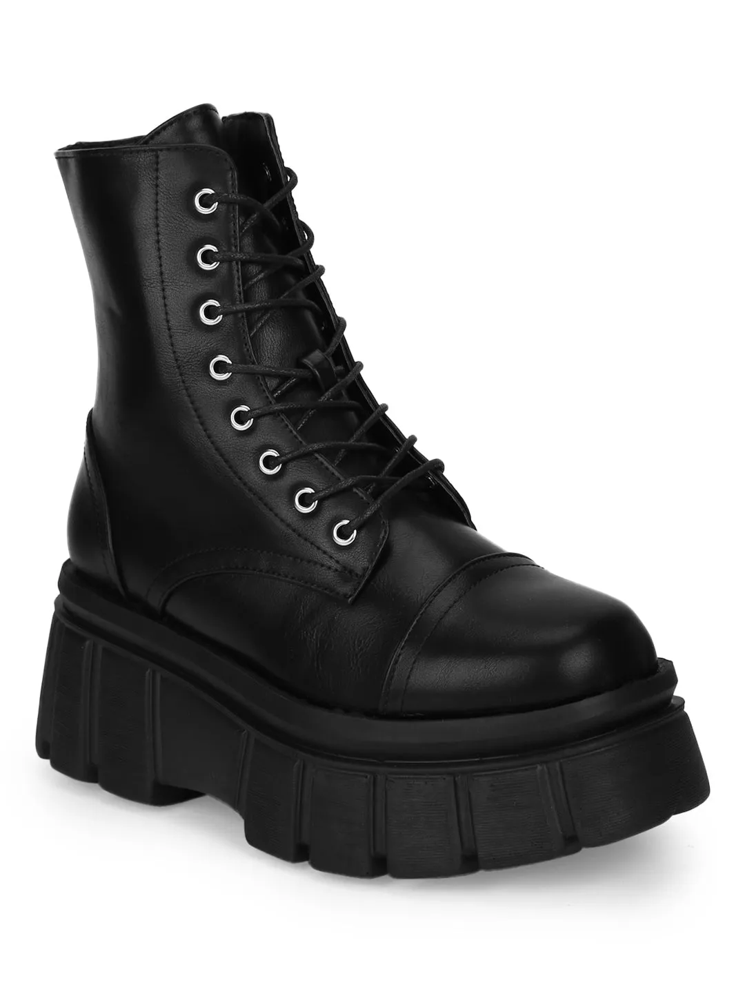 Black PU Lace Up Chunky Platform Ankle Boots