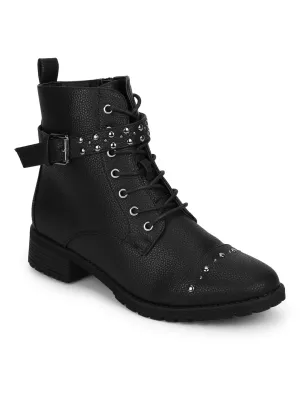 Black PU Studded Lace Up Ankle Boots (TC-JADE34-BLACKMILPU)