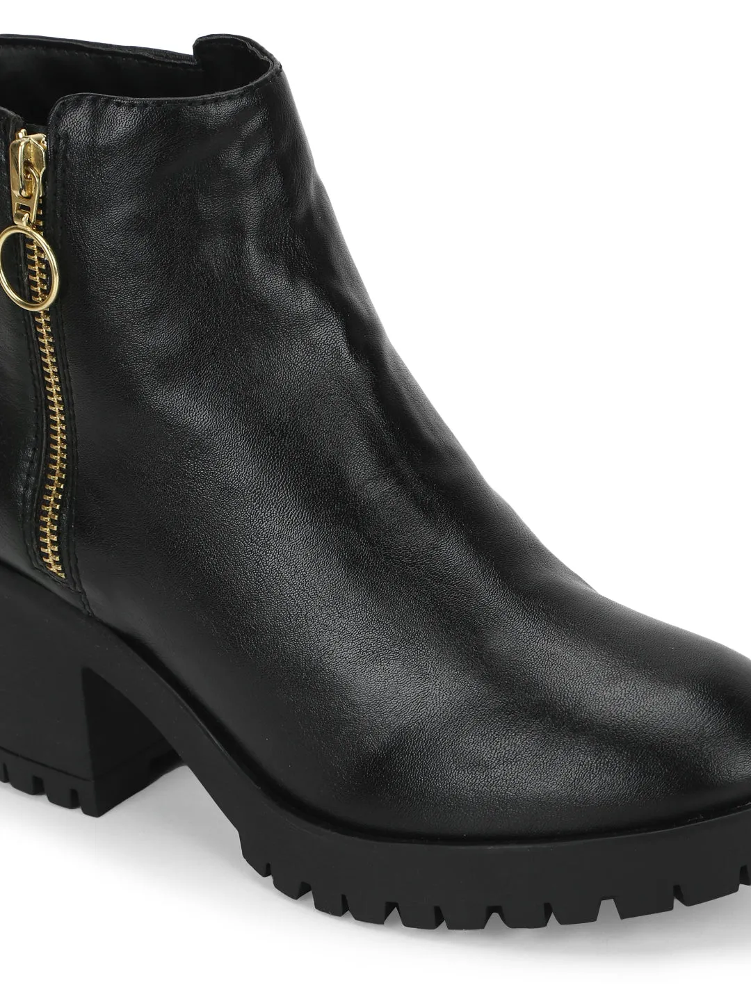 Black PU Zip Up Block Heel Ankle Boots (TC-ST-1200-BLKPU)