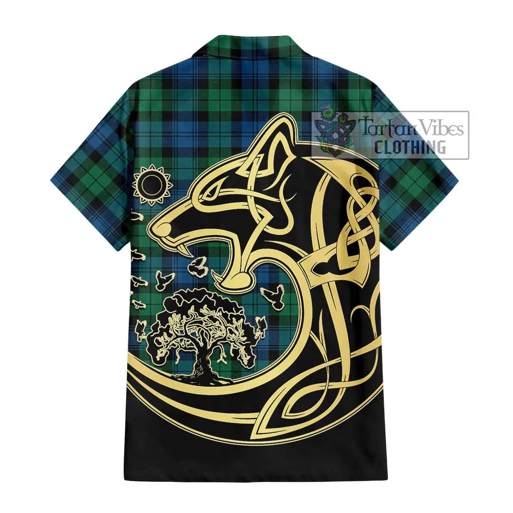 Black Watch Ancient Tartan Short Sleeve Button Shirt with Family Crest Celtic Wolf Style