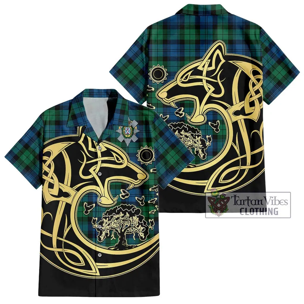 Black Watch Ancient Tartan Short Sleeve Button Shirt with Family Crest Celtic Wolf Style