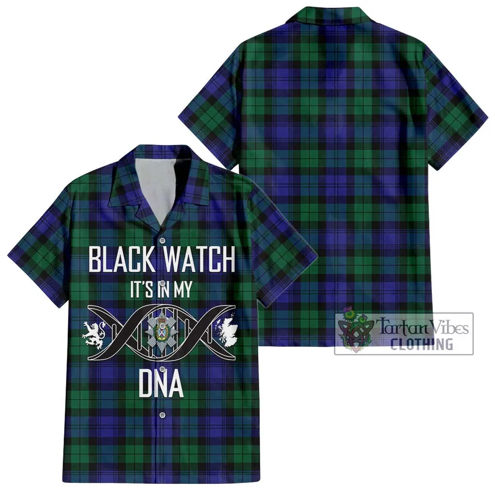 Black Watch Modern Tartan Short Sleeve Button Shirt with Family Crest DNA In Me Style