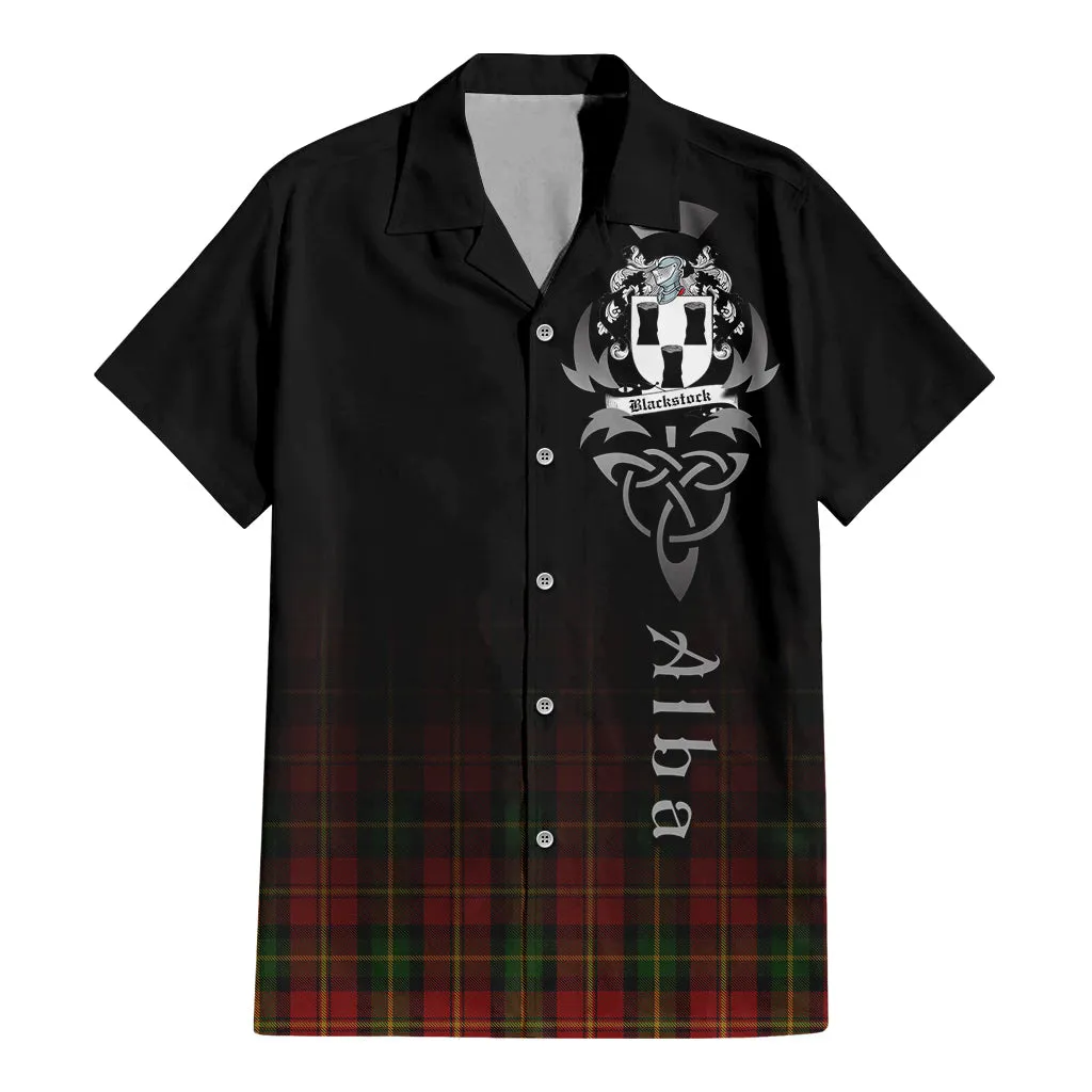 Blackstock Red Dress Tartan Short Sleeve Button Up Shirt Featuring Alba Gu Brath Family Crest Celtic Inspired