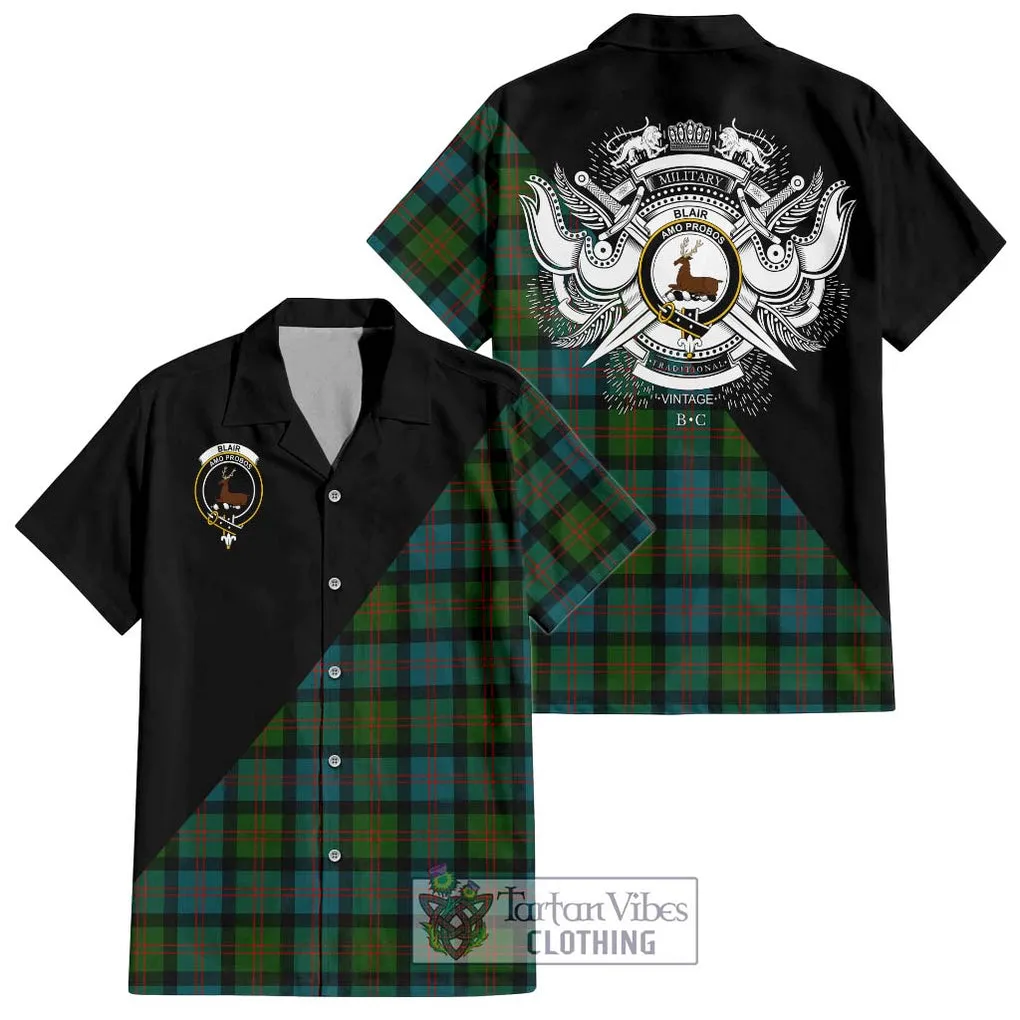 Blair Ancient Tartan Short Sleeve Button Shirt with Family Crest and Military Logo Style