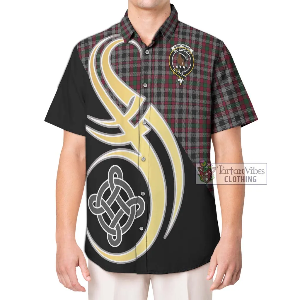 Borthwick Tartan Short Sleeve Button Shirt with Family Crest and Celtic Symbol Style