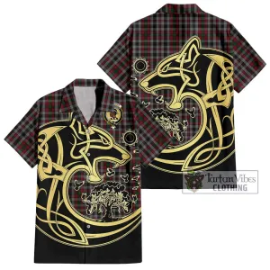 Borthwick Tartan Short Sleeve Button Shirt with Family Crest Celtic Wolf Style