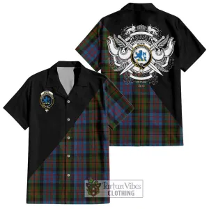 Bowie Tartan Short Sleeve Button Shirt with Family Crest and Military Logo Style