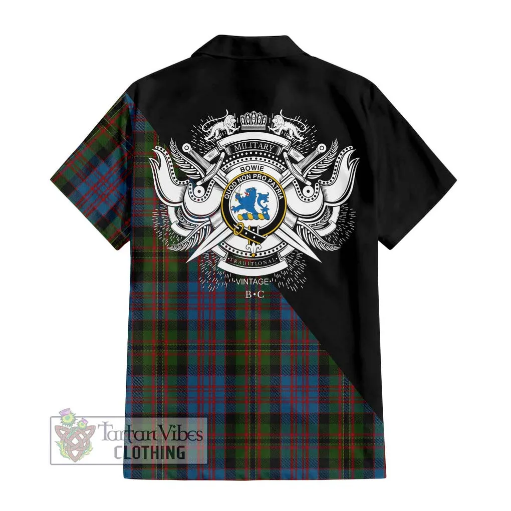 Bowie Tartan Short Sleeve Button Shirt with Family Crest and Military Logo Style