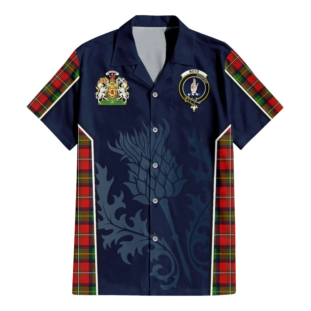 Boyd Tartan Short Sleeve Button Up Shirt with Family Crest and Scottish Thistle Vibes Sport Style