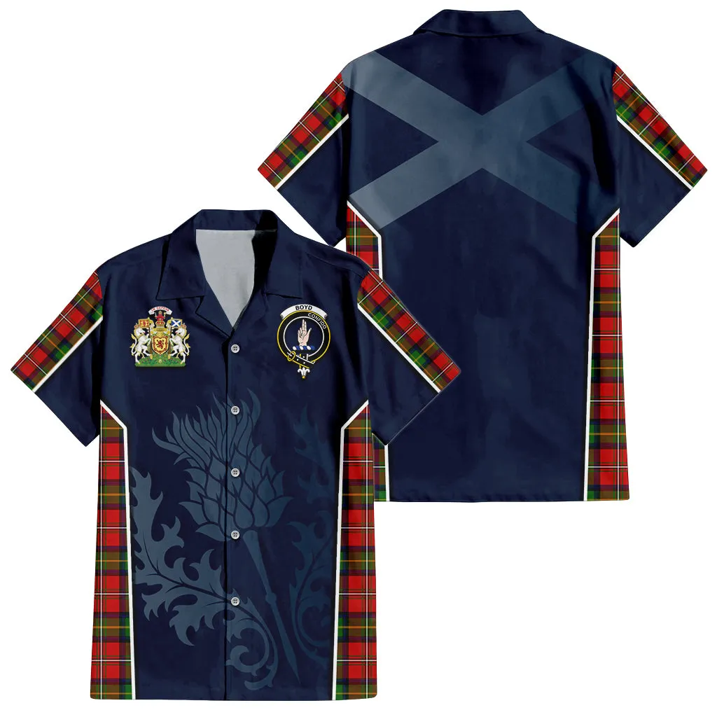 Boyd Tartan Short Sleeve Button Up Shirt with Family Crest and Scottish Thistle Vibes Sport Style