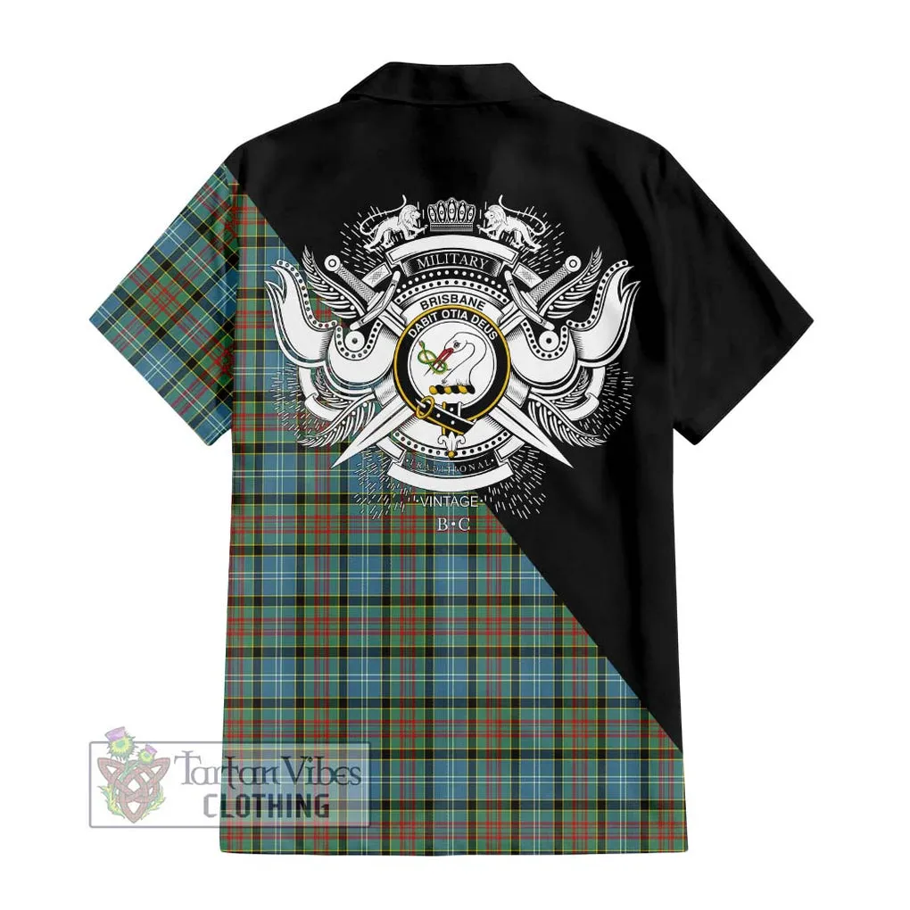 Brisbane Tartan Short Sleeve Button Shirt with Family Crest and Military Logo Style