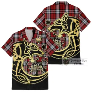 Brodie Dress Tartan Short Sleeve Button Shirt with Family Crest Celtic Wolf Style