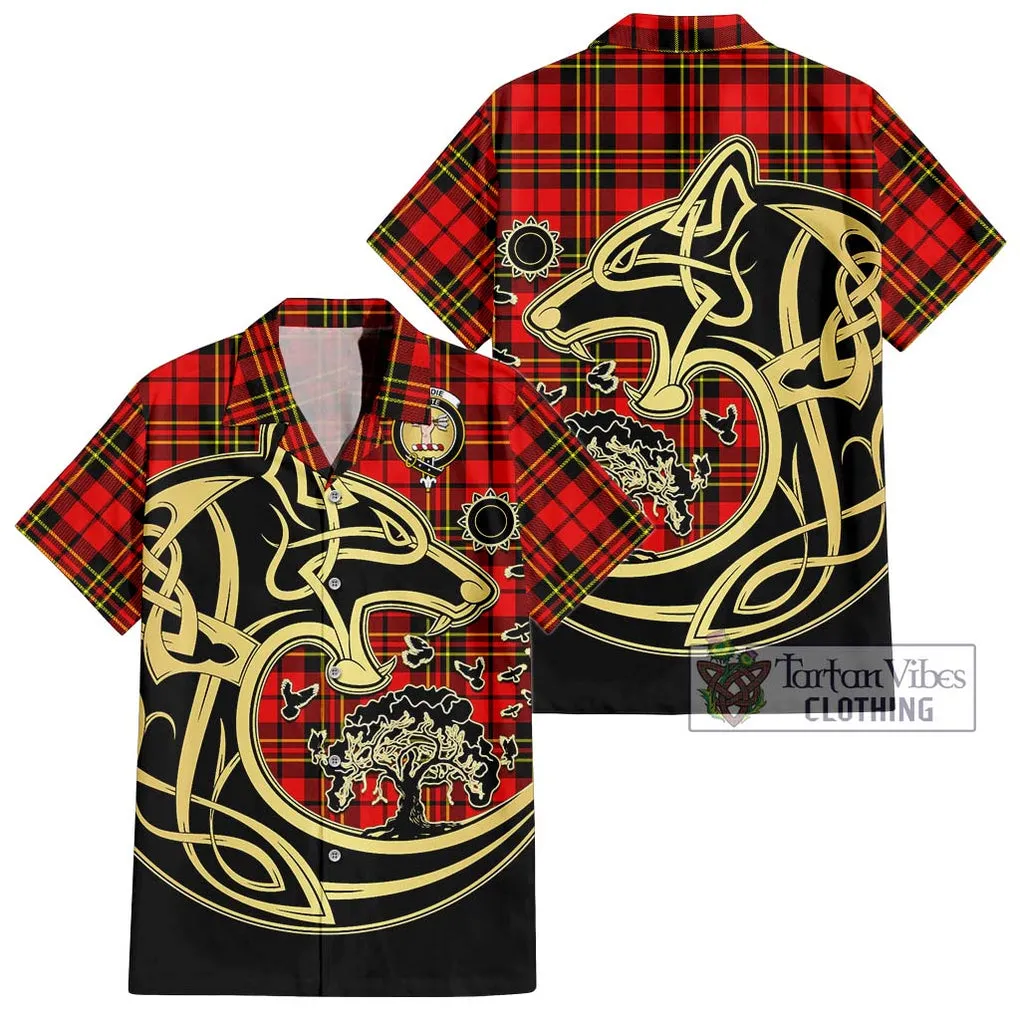 Brodie Modern Tartan Short Sleeve Button Shirt with Family Crest Celtic Wolf Style