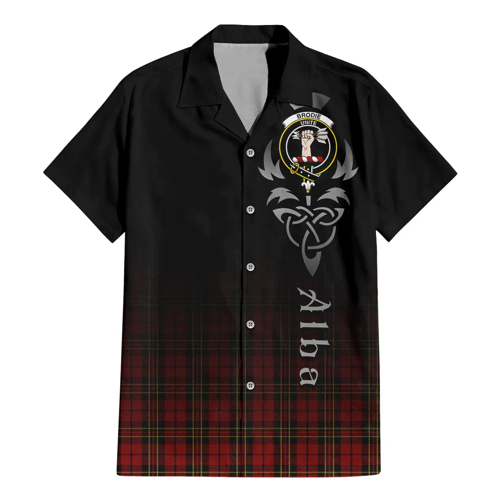 Brodie Tartan Short Sleeve Button Up Shirt Featuring Alba Gu Brath Family Crest Celtic Inspired