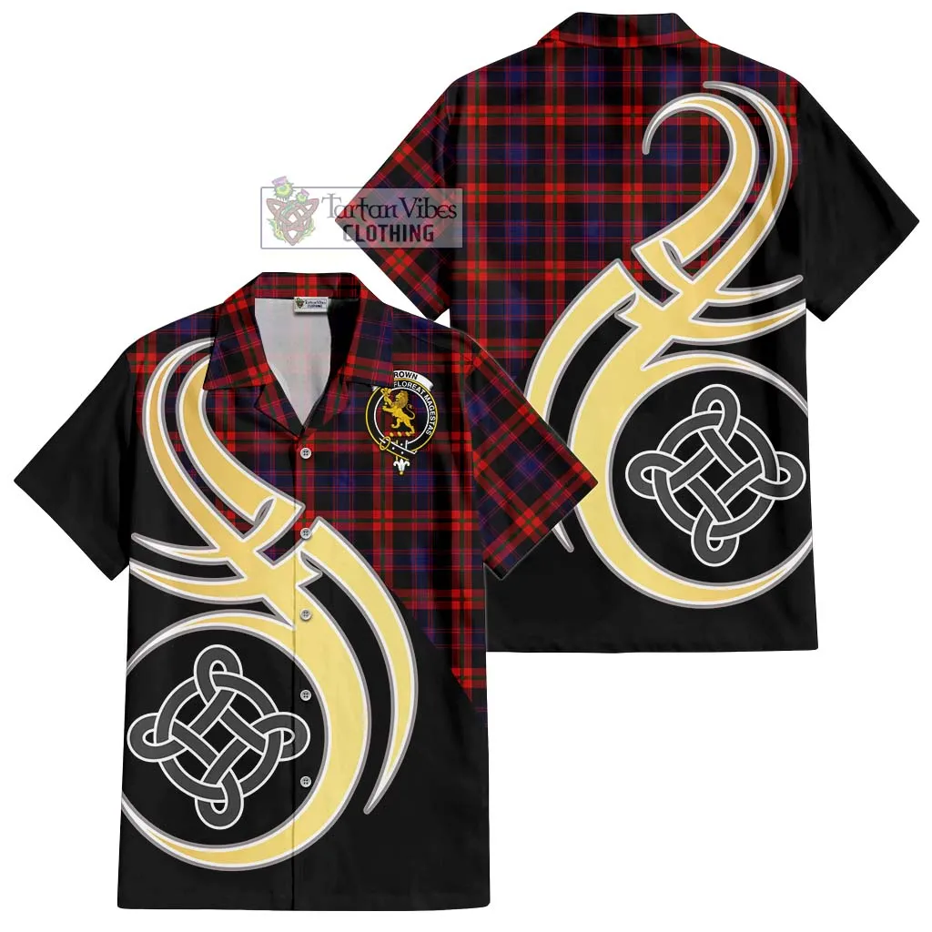 Brown (Broun) Tartan Short Sleeve Button Shirt with Family Crest and Celtic Symbol Style