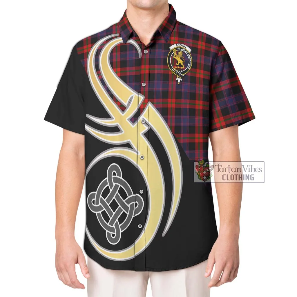 Brown (Broun) Tartan Short Sleeve Button Shirt with Family Crest and Celtic Symbol Style