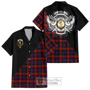 Brown (Broun) Tartan Short Sleeve Button Shirt with Family Crest and Military Logo Style