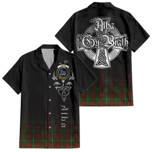 Bruce Hunting Tartan Short Sleeve Button Up Shirt Featuring Alba Gu Brath Family Crest Celtic Inspired