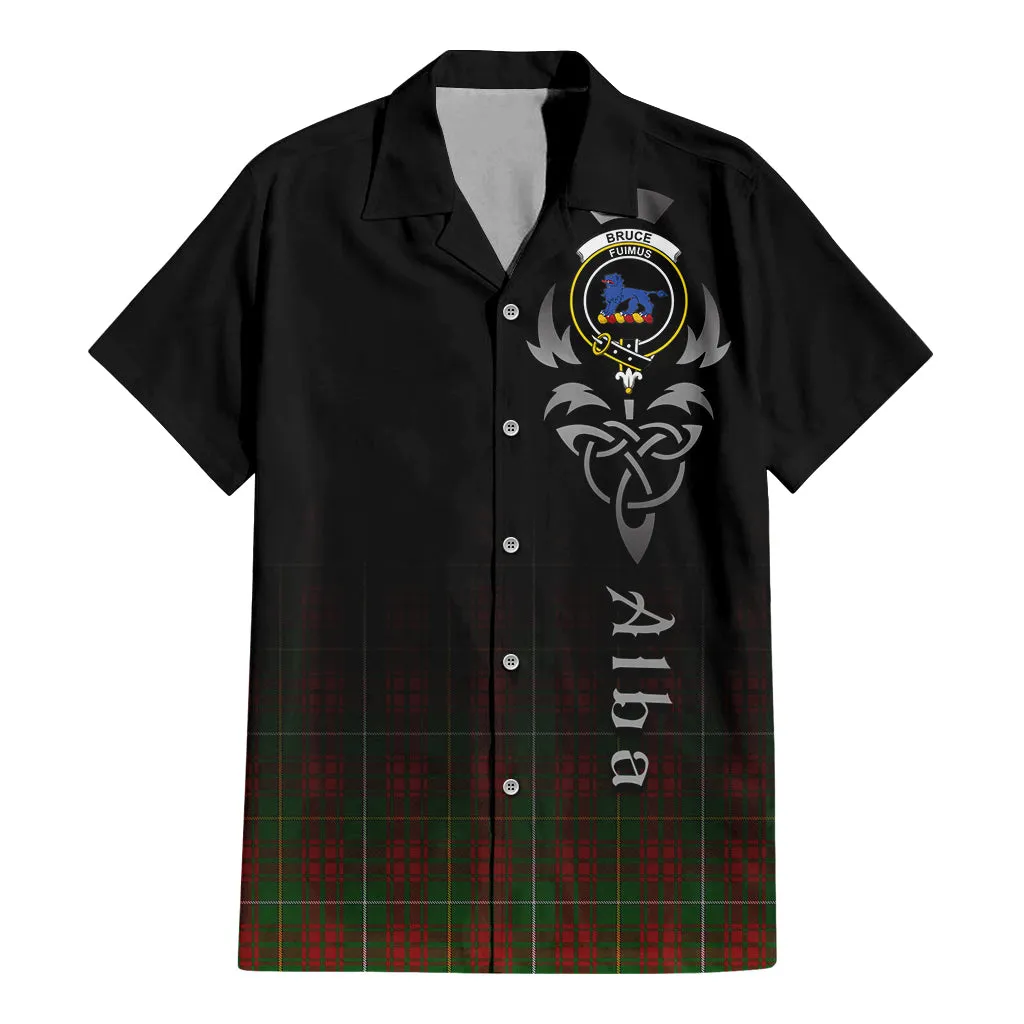 Bruce Hunting Tartan Short Sleeve Button Up Shirt Featuring Alba Gu Brath Family Crest Celtic Inspired