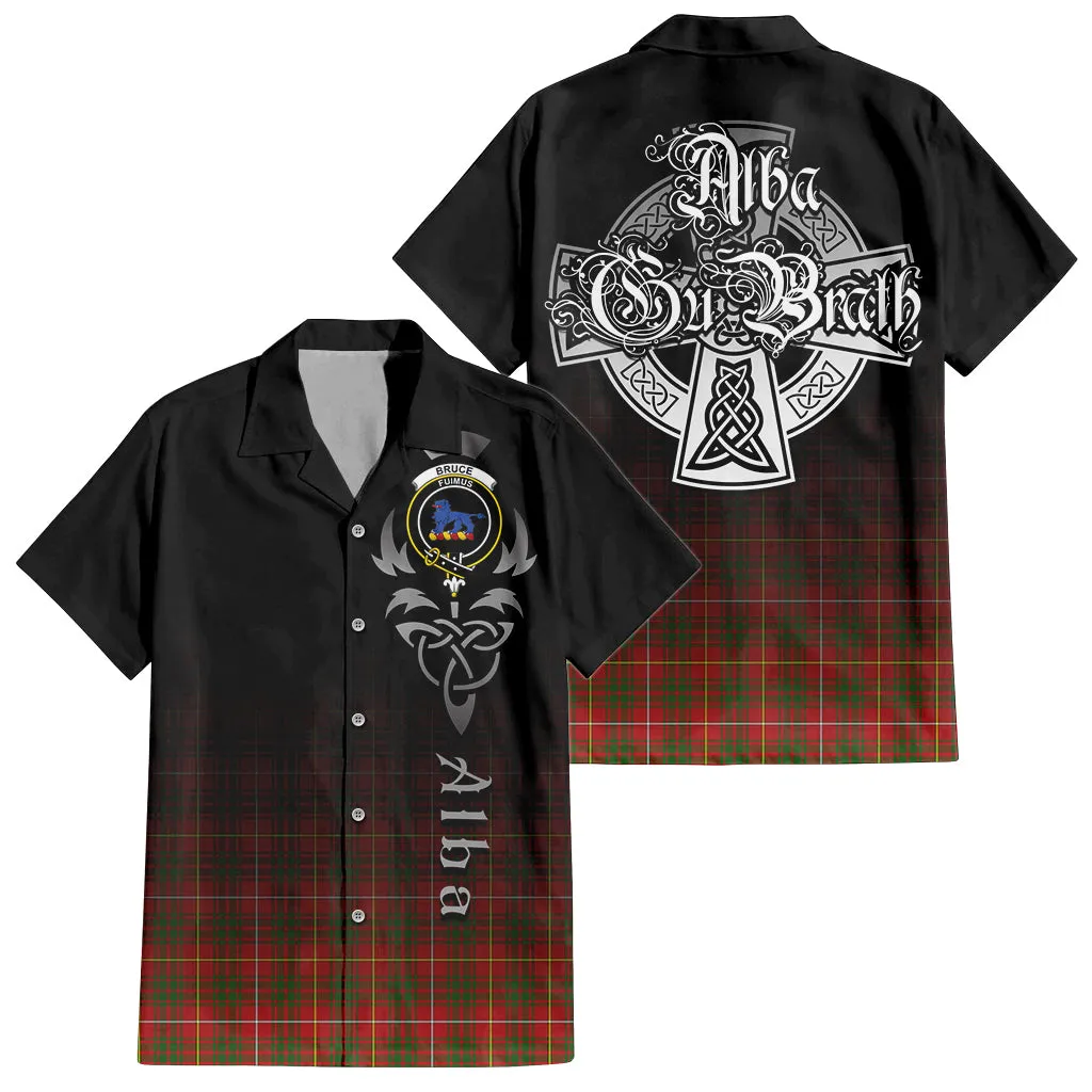 Bruce Modern Tartan Short Sleeve Button Up Shirt Featuring Alba Gu Brath Family Crest Celtic Inspired