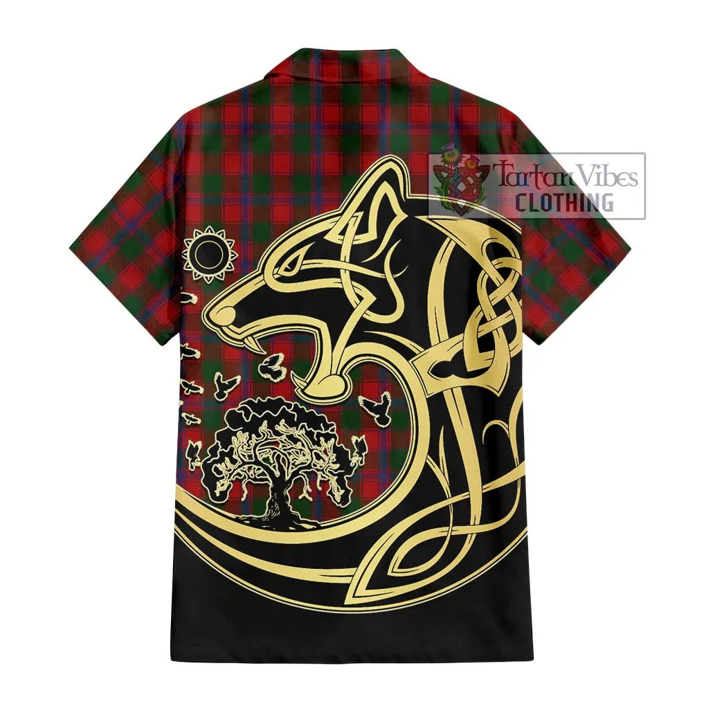 Bruce Old Tartan Short Sleeve Button Shirt with Family Crest Celtic Wolf Style