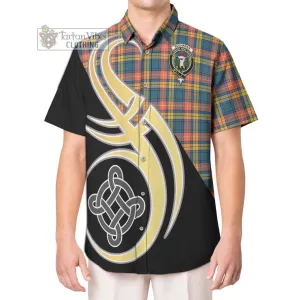 Buchanan Ancient Tartan Short Sleeve Button Shirt with Family Crest and Celtic Symbol Style