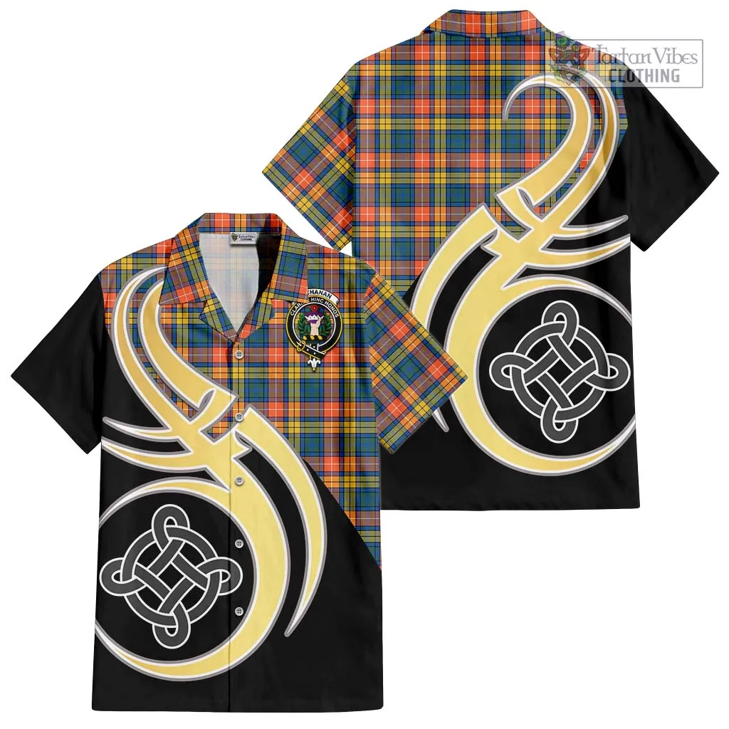 Buchanan Ancient Tartan Short Sleeve Button Shirt with Family Crest and Celtic Symbol Style