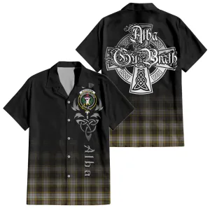 Buchanan Dress Tartan Short Sleeve Button Up Shirt Featuring Alba Gu Brath Family Crest Celtic Inspired