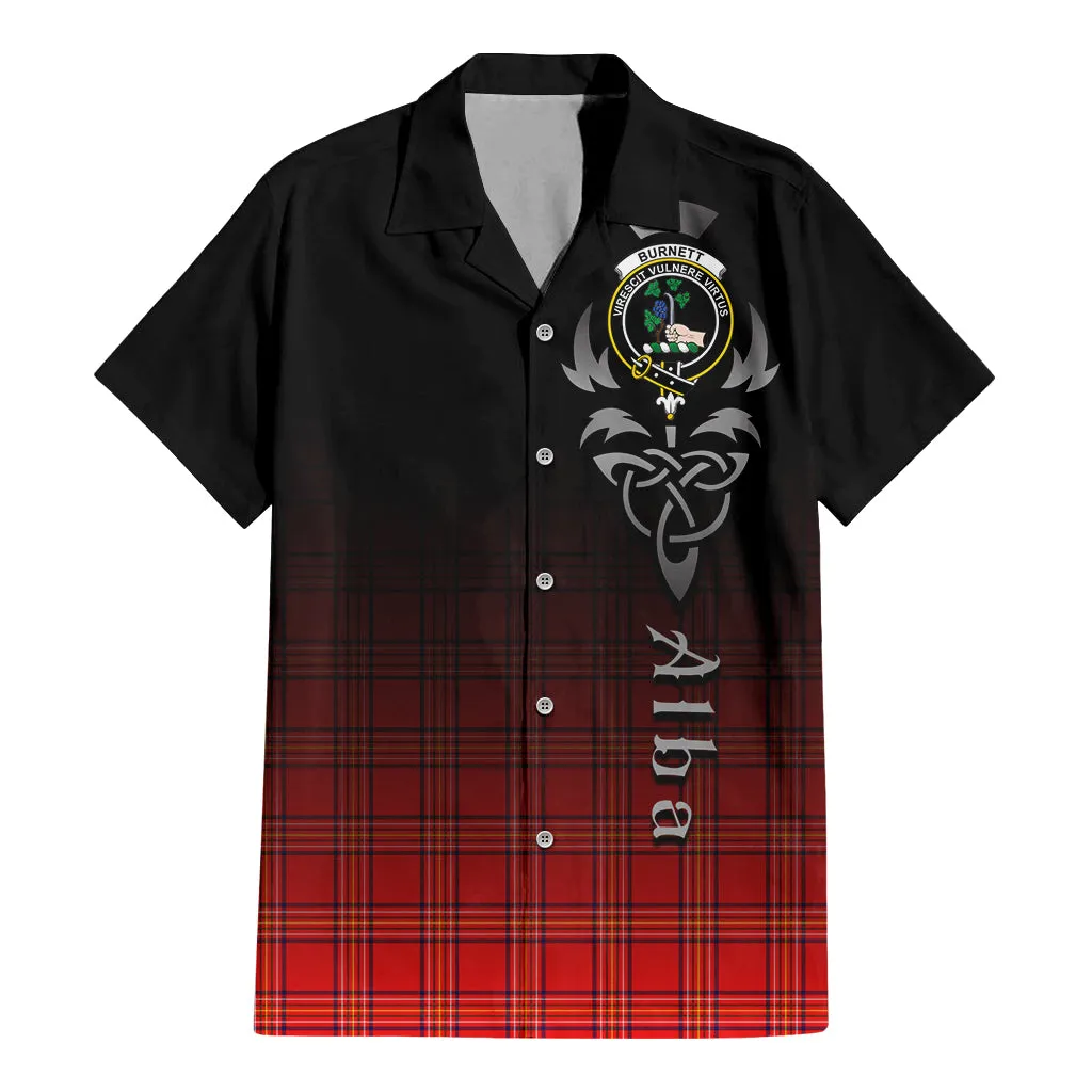 Burnett Modern Tartan Short Sleeve Button Up Shirt Featuring Alba Gu Brath Family Crest Celtic Inspired