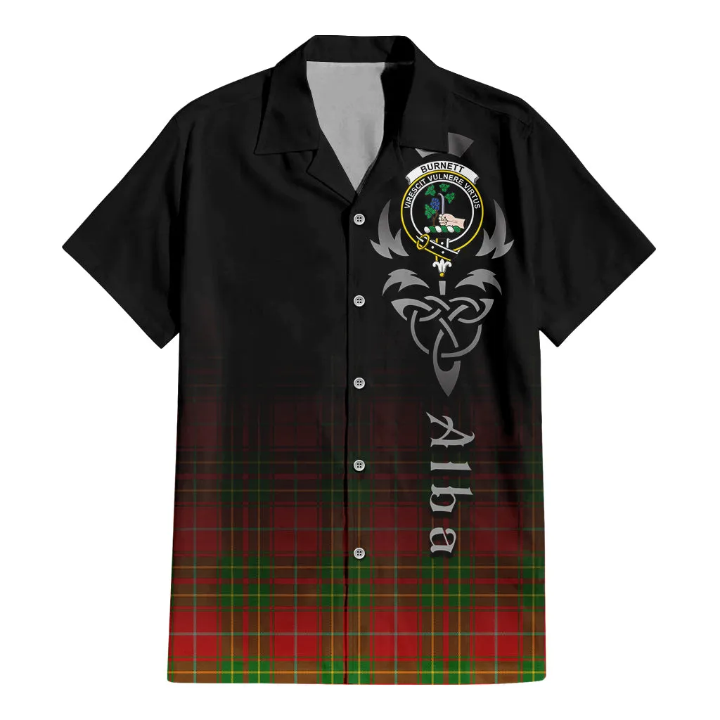 Burnett Tartan Short Sleeve Button Up Shirt Featuring Alba Gu Brath Family Crest Celtic Inspired