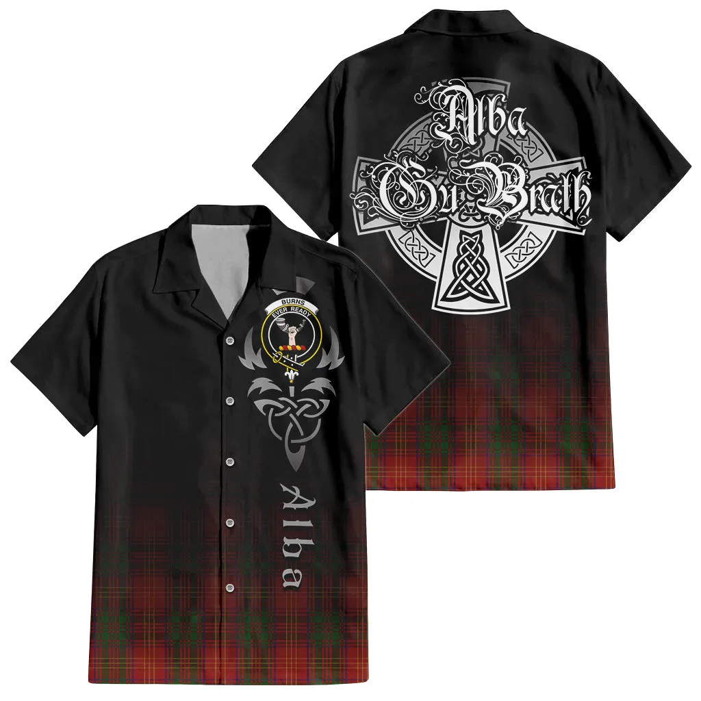 Burns Tartan Short Sleeve Button Up Shirt Featuring Alba Gu Brath Family Crest Celtic Inspired