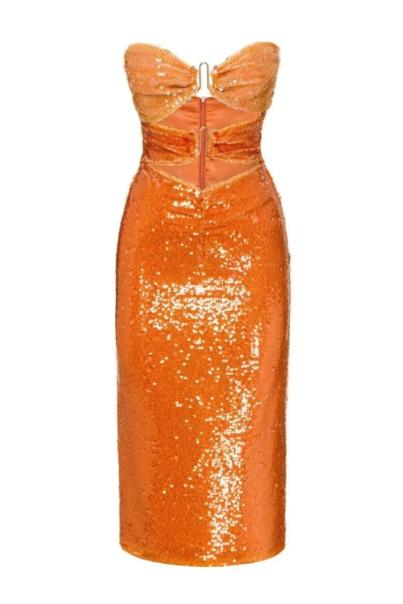 CORAL STRAPLESS SEQUIN DRESS