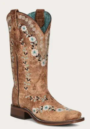 CORRAL LADIES FLORAL EMBROIDERY SQUARE TOE GLOW IN THE DARK BOOTS STYLE A4398