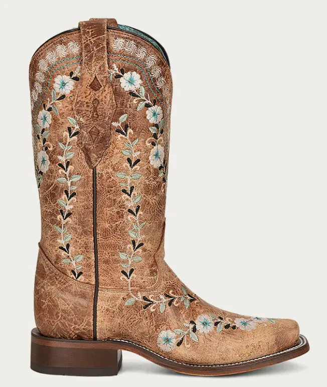 CORRAL LADIES FLORAL EMBROIDERY SQUARE TOE GLOW IN THE DARK BOOTS STYLE A4398