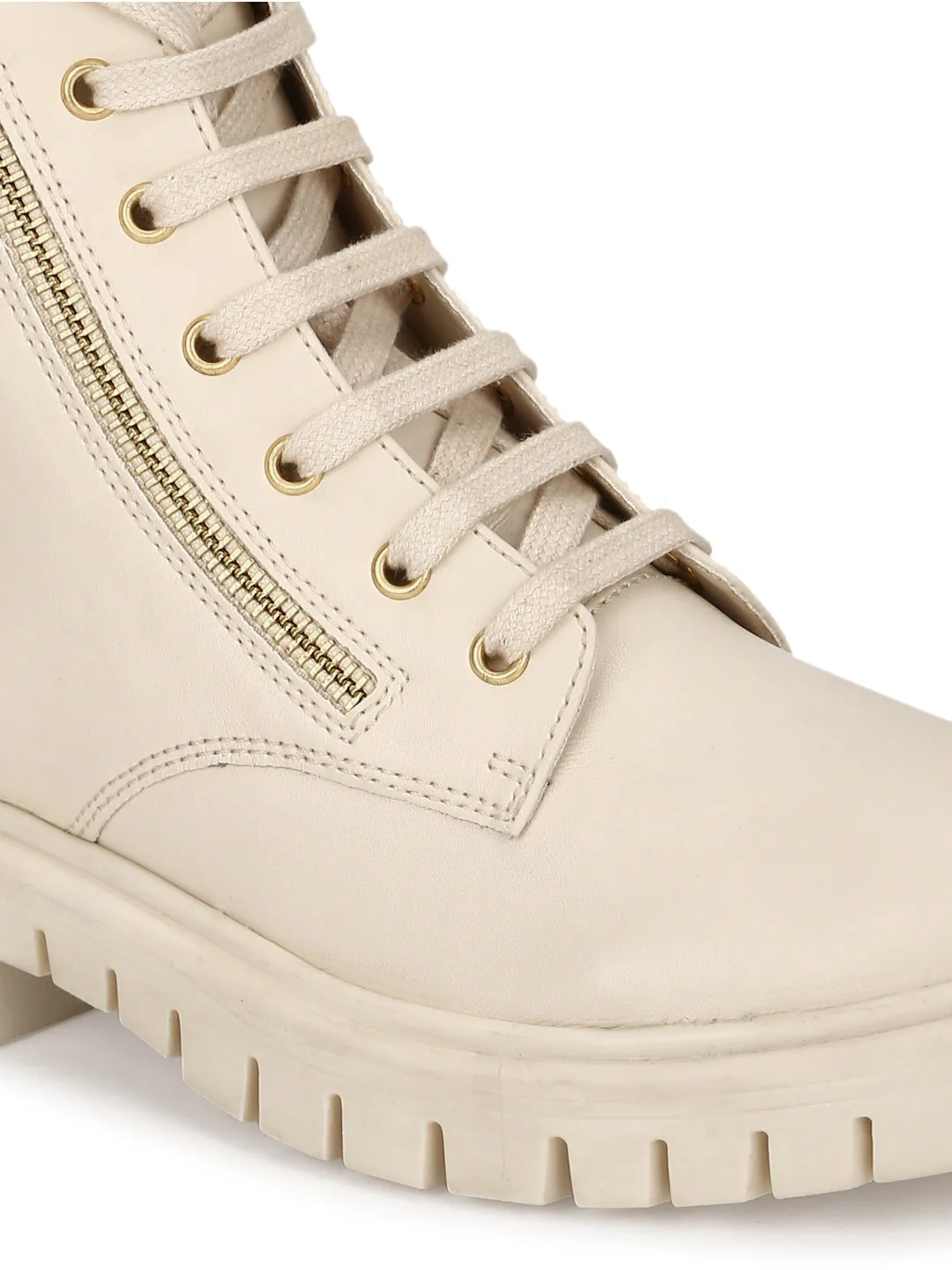 Cream Beige PU Lace Up Cleated Bottom Ankle Boots